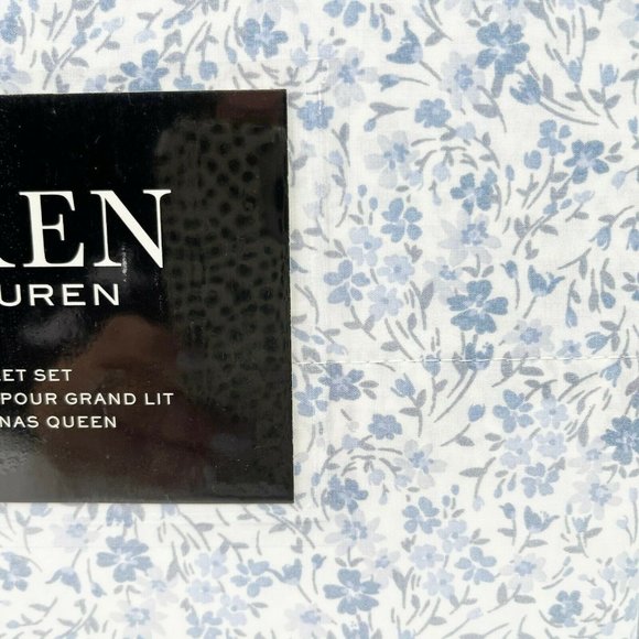 RALPH LAUREN Blue Floral Queen 4pc Sheet Set - Picture 3 of 5